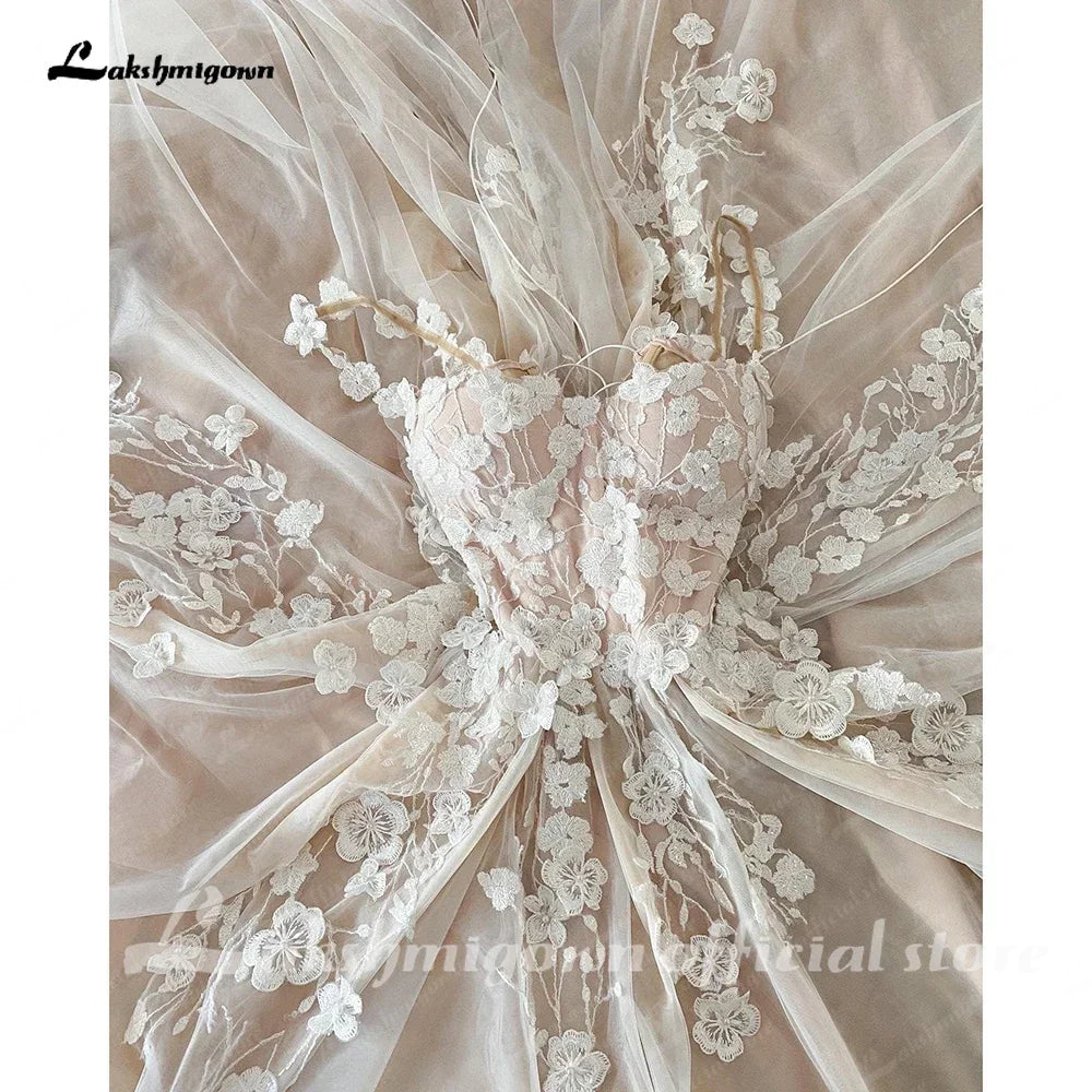 Wedding Light Champagne Wedding Dresses 3D Flowers Spathetti Straps  formato  em A