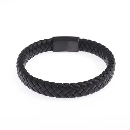 Simples e Classic , Black Hand Woven Leather Bracelet with Metal Magnetic Clasp Men's Fashion Jewelry .