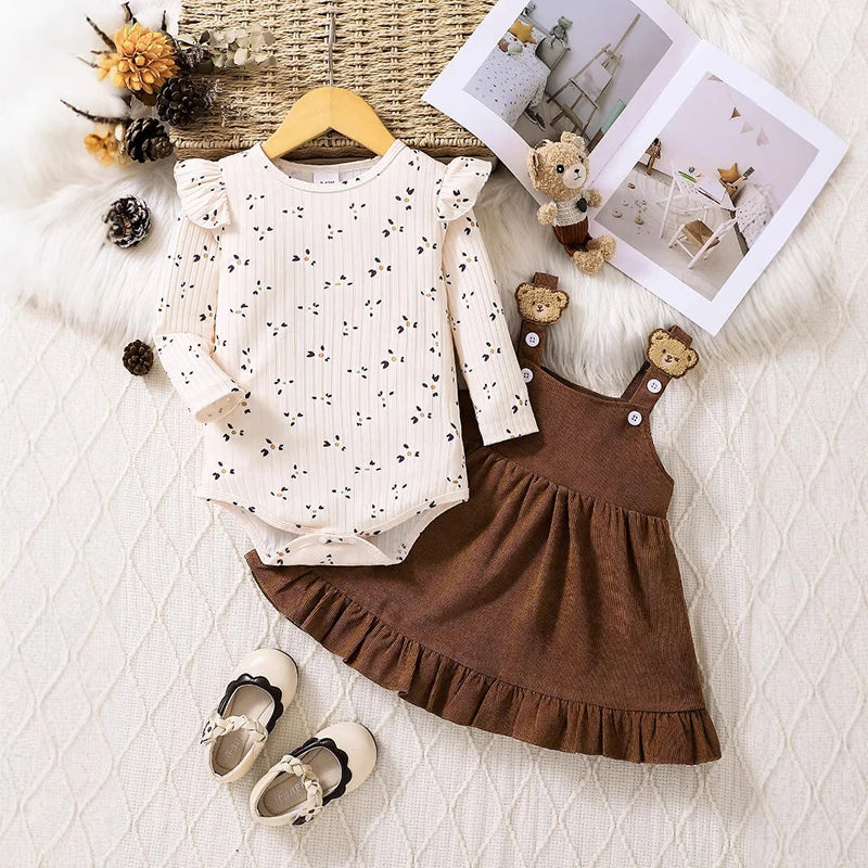 2Pcs Floral Bodysuit and Strap Dress  Set for Baby Girls Spring Autumn Infants One Piece Clothing 0-2Y Toddler Outfit