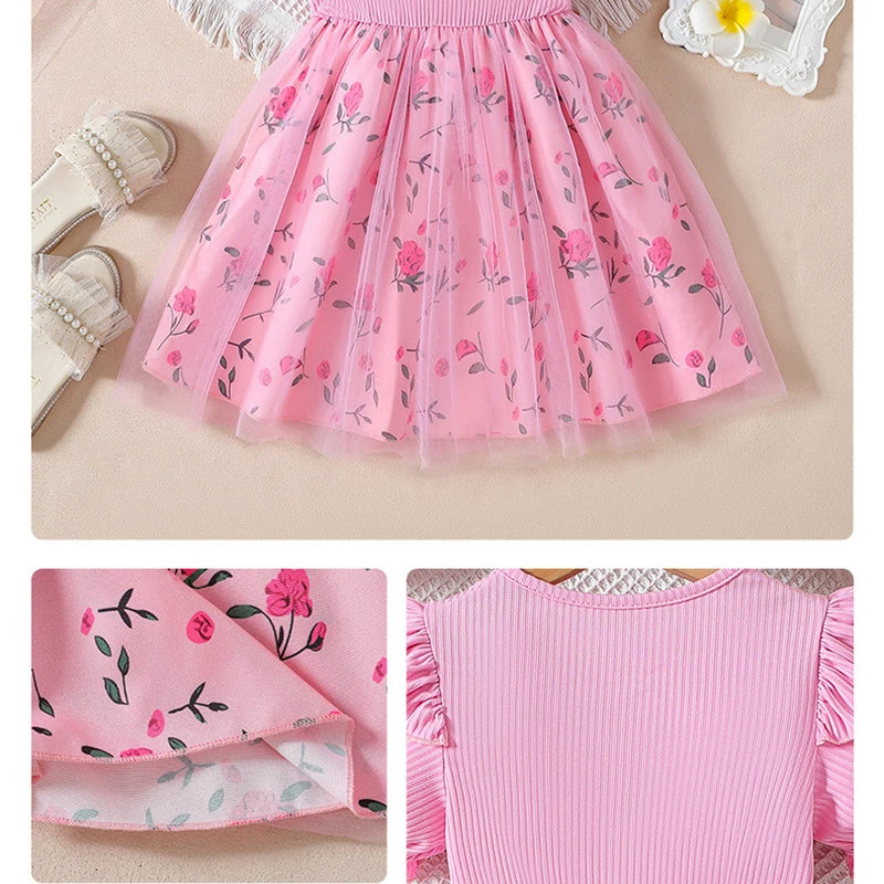 Trendy Sweet Girls' Bow Princess Dress Korean Style Children's Butterfly Mesh Flower Birthday Dress 2-6Year Summer Kids Clothing
