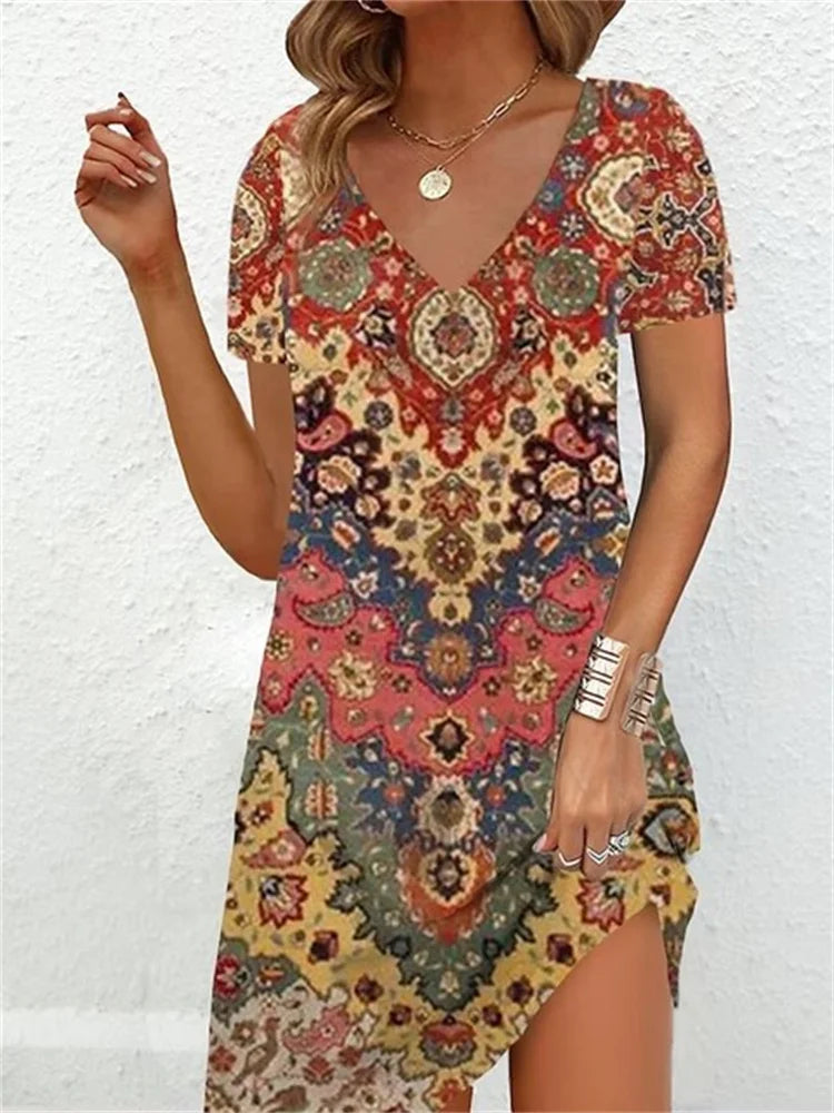 Fashion Plus Size Dress Women Casual Loose V-Neck Ladies Summer