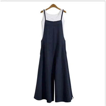 Summer Women Long Jumpsuit Solid Color Casual Loose Thin Size Sleeveless Straps Wide Leg Women Suspender Loose Jumpsuit