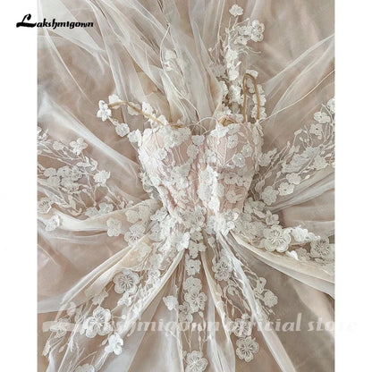 Wedding Light Champagne Wedding Dresses 3D Flowers Spathetti Straps  formato  em A