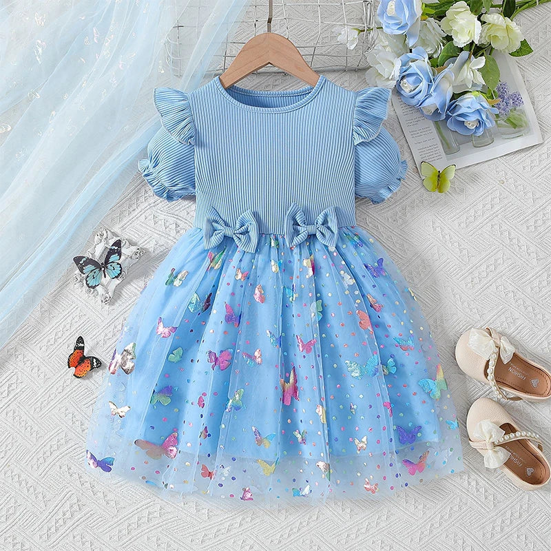 Trendy Sweet Girls' Bow Princess Dress Korean Style Children's Butterfly Mesh Flower Birthday Dress 2-6Year Summer Kids Clothing