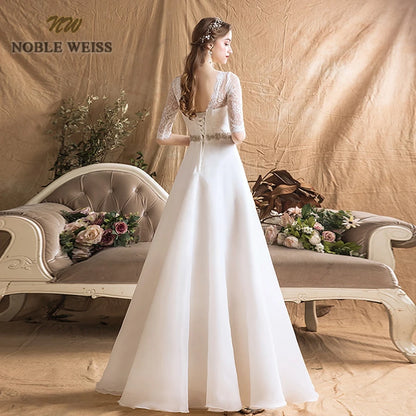 Wedding Dresses Organza A-line Simple Wedding Dress Floor-length Sashes Bridal Dresses with Half Lace Wedding Gown