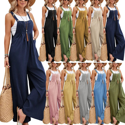 Summer Women Long Jumpsuit Solid Color Casual Loose Thin Size Sleeveless Straps Wide Leg Women Suspender Loose Jumpsuit