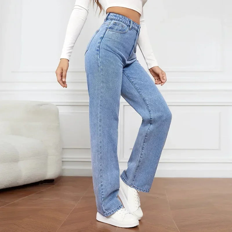 Jeans ganga Mulheres Calças Retas Lavagem Cintura Alta Solta Bolsos Básicos Comprimento Tornozelo Y2k Calças Azuis Streetwear Leve Elástico . Descubra conforto e estilo. Toque especial...