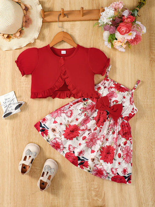 Conjunto de 2 pecas  vestido floral,com casaco meia manga   for Girls Aged 1-6 Summer Fashion Dress