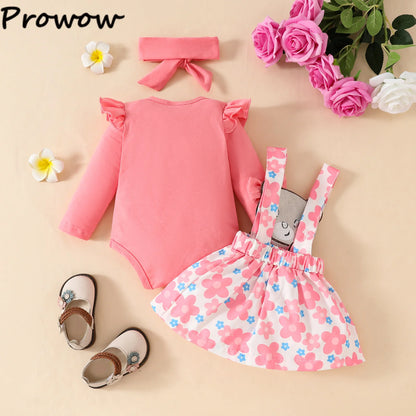 Prowow Panda Baby Girl Outfits Sets Green Cute Panda Romper and Suspender Bamboo Dress 3pcs Baby Clothes Panda Set