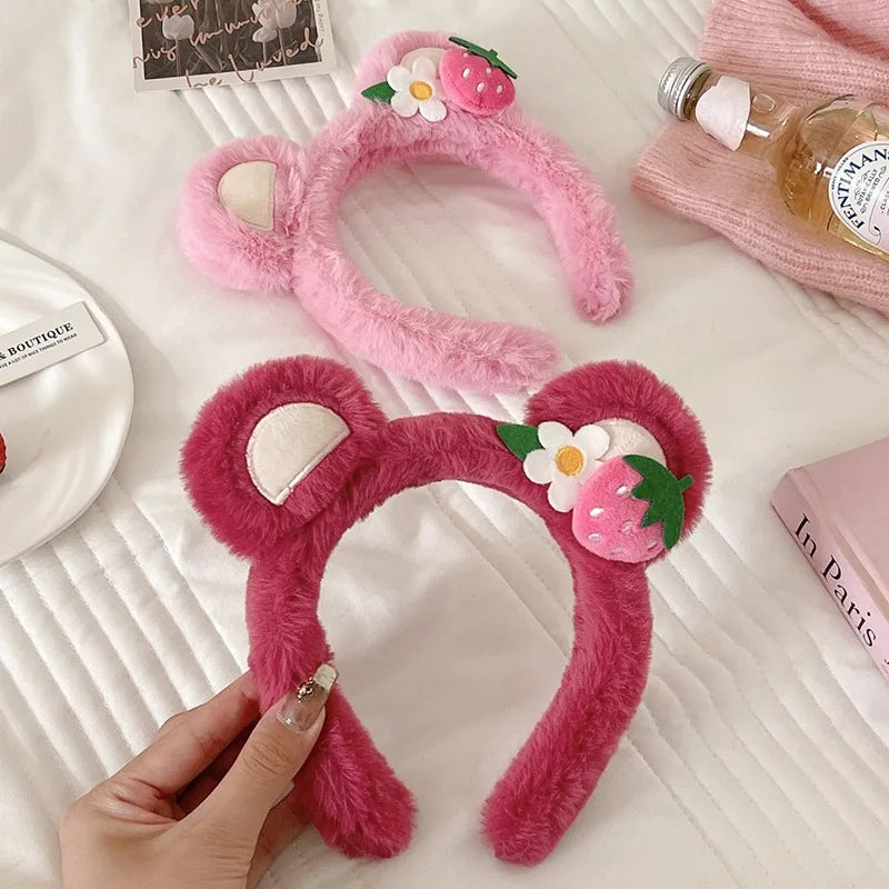 Strawberry Bear Plush Headband for Women Sweet Fashion Girls Face Wash HairBand