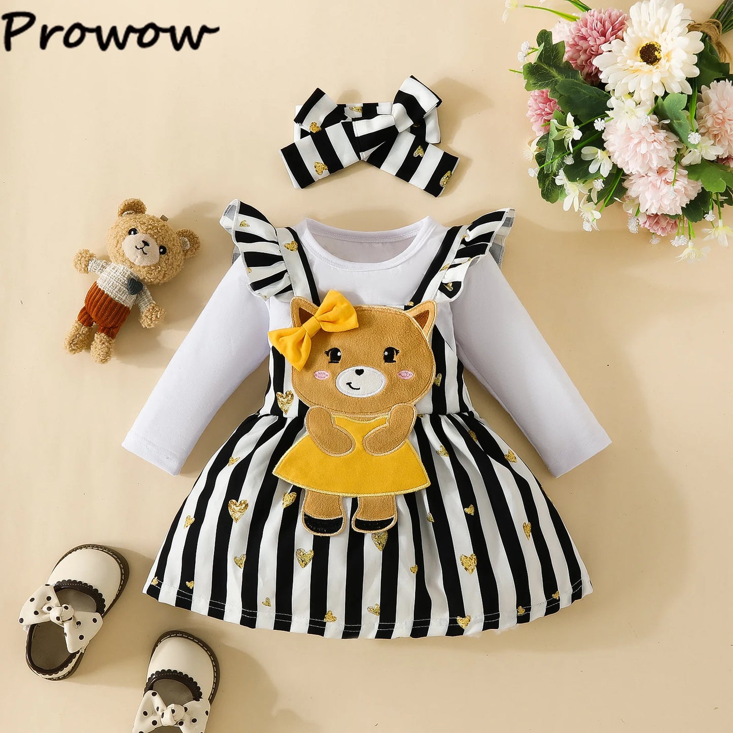 Prowow Panda Baby Girl Outfits Sets Green Cute Panda Romper and Suspender Bamboo Dress 3pcs Baby Clothes Panda Set