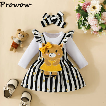 Prowow Panda Baby Girl Outfits Sets Green Cute Panda Romper and Suspender Bamboo Dress 3pcs Baby Clothes Panda Set