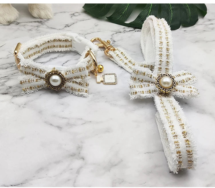 Lace Dog Leash Collar Set Vintage Bowknot Pearl Bells Girl Dog Adjustable Collar for Small Medium Dogs Puppy Collar Pet Supplies