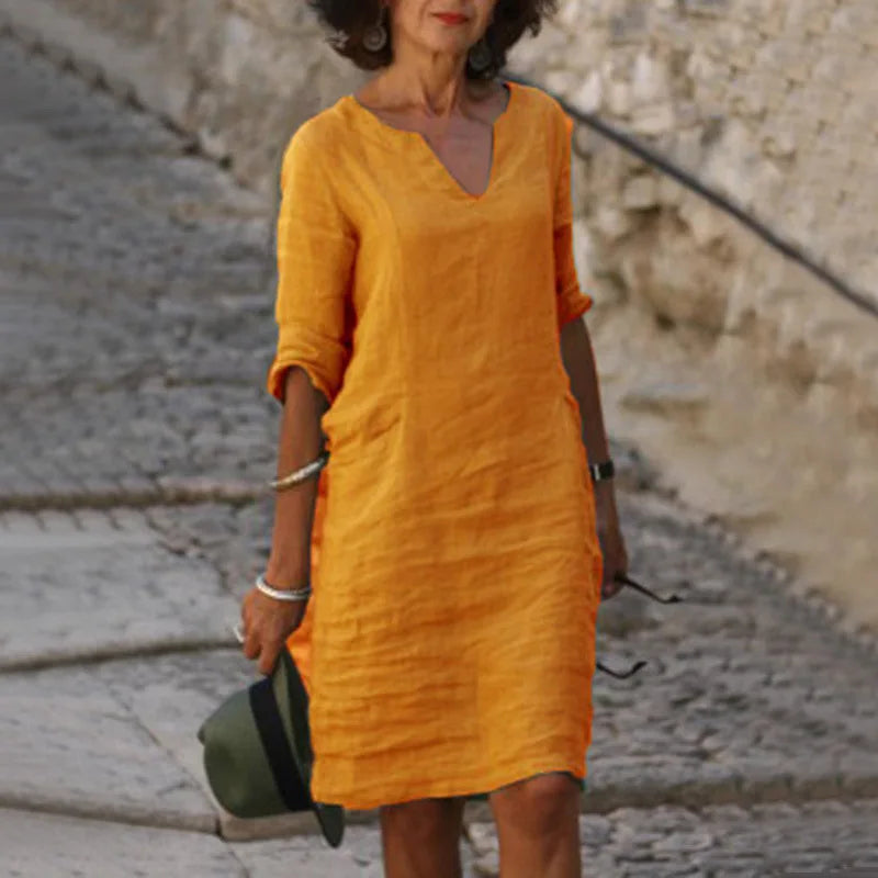 Vintage Solid Mini Dress Women Fashion Summer V-neck Three Quater Sleeve Cotton Linen Party Dresses Ladies Casual Femme Vestidos