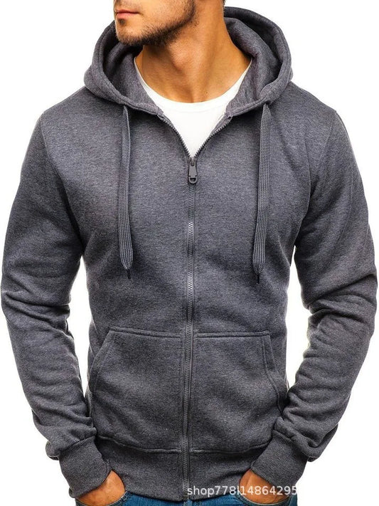 New Fashion Men's Casual Slim Fit Autumn European Size Cardigan Solid Color Zipper Cardigan Hooded Hoodie Coat