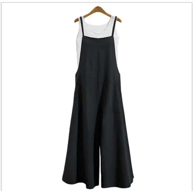 Summer Women Long Jumpsuit Solid Color Casual Loose Thin Size Sleeveless Straps Wide Leg Women Suspender Loose Jumpsuit