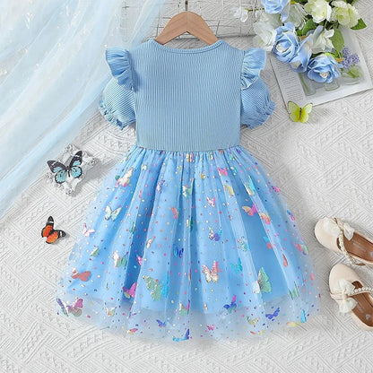 Trendy Sweet Girls' Bow Princess Dress Korean Style Children's Butterfly Mesh Flower Birthday Dress 2-6Year Summer Kids Clothing