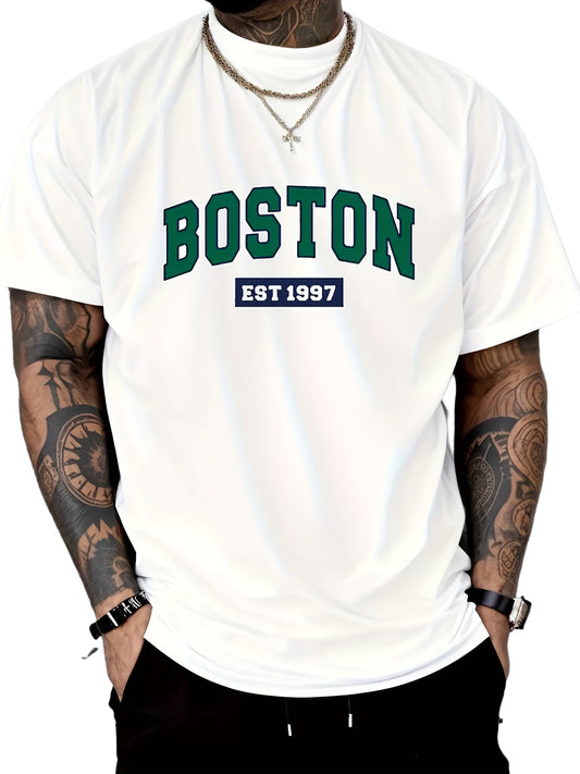 Men's T-Shirt -Boston Est. 1997 Graphic  100% Cotton, Casual Crew Neck, Short Sleeve, White with Green & Black Print, Machine Washable