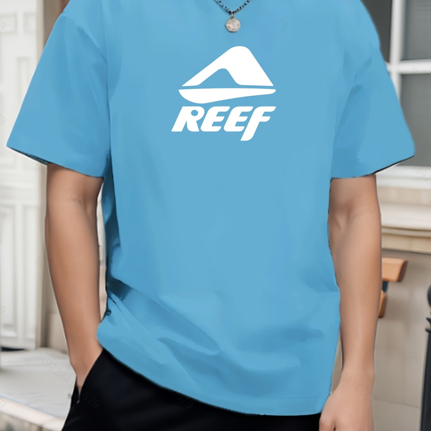 Men's Novelty T-Shirt with REEF Lettering - Casual Polyester Short Sleeve Tee, Round Neck, Summer Wear