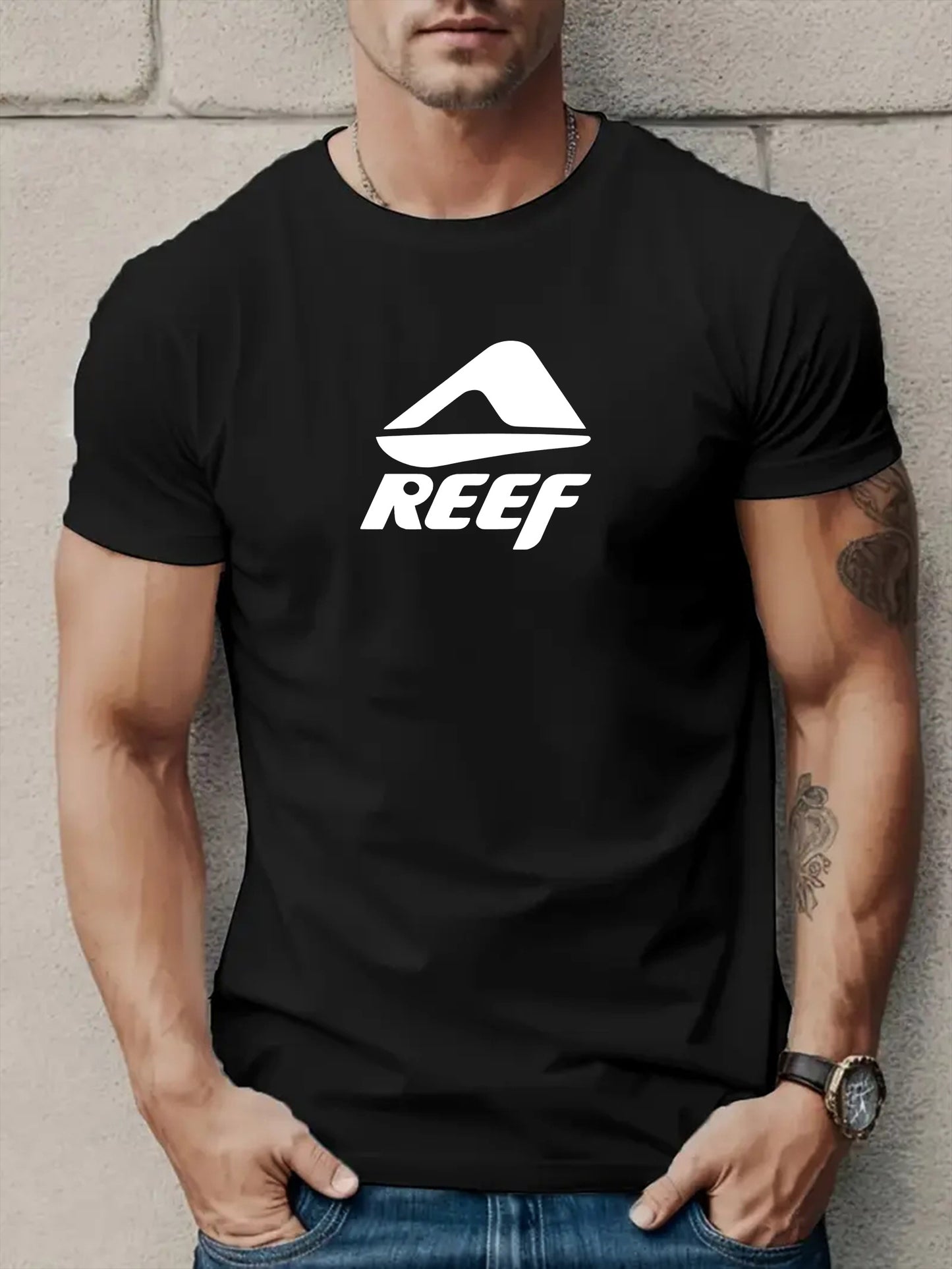 Men's Novelty T-Shirt with REEF Lettering - Casual Polyester Short Sleeve Tee, Round Neck, Summer Wear