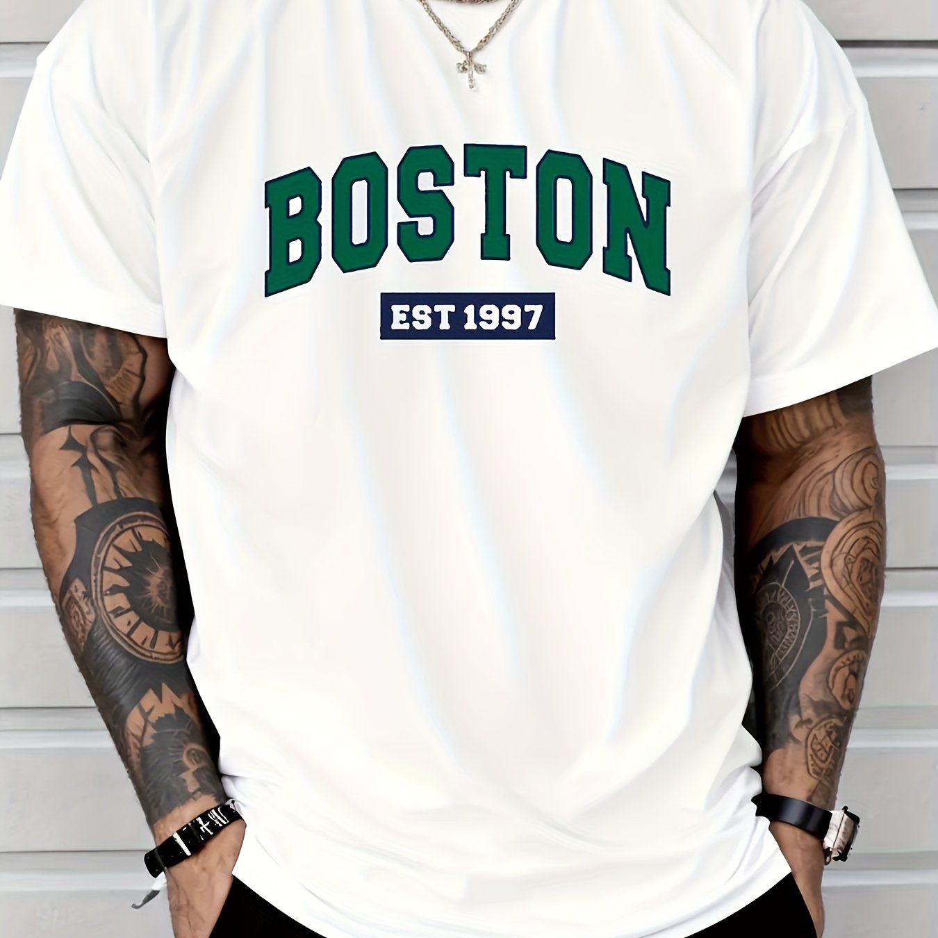 Men's T-Shirt -Boston Est. 1997 Graphic  100% Cotton, Casual Crew Neck, Short Sleeve, White with Green & Black Print, Machine Washable