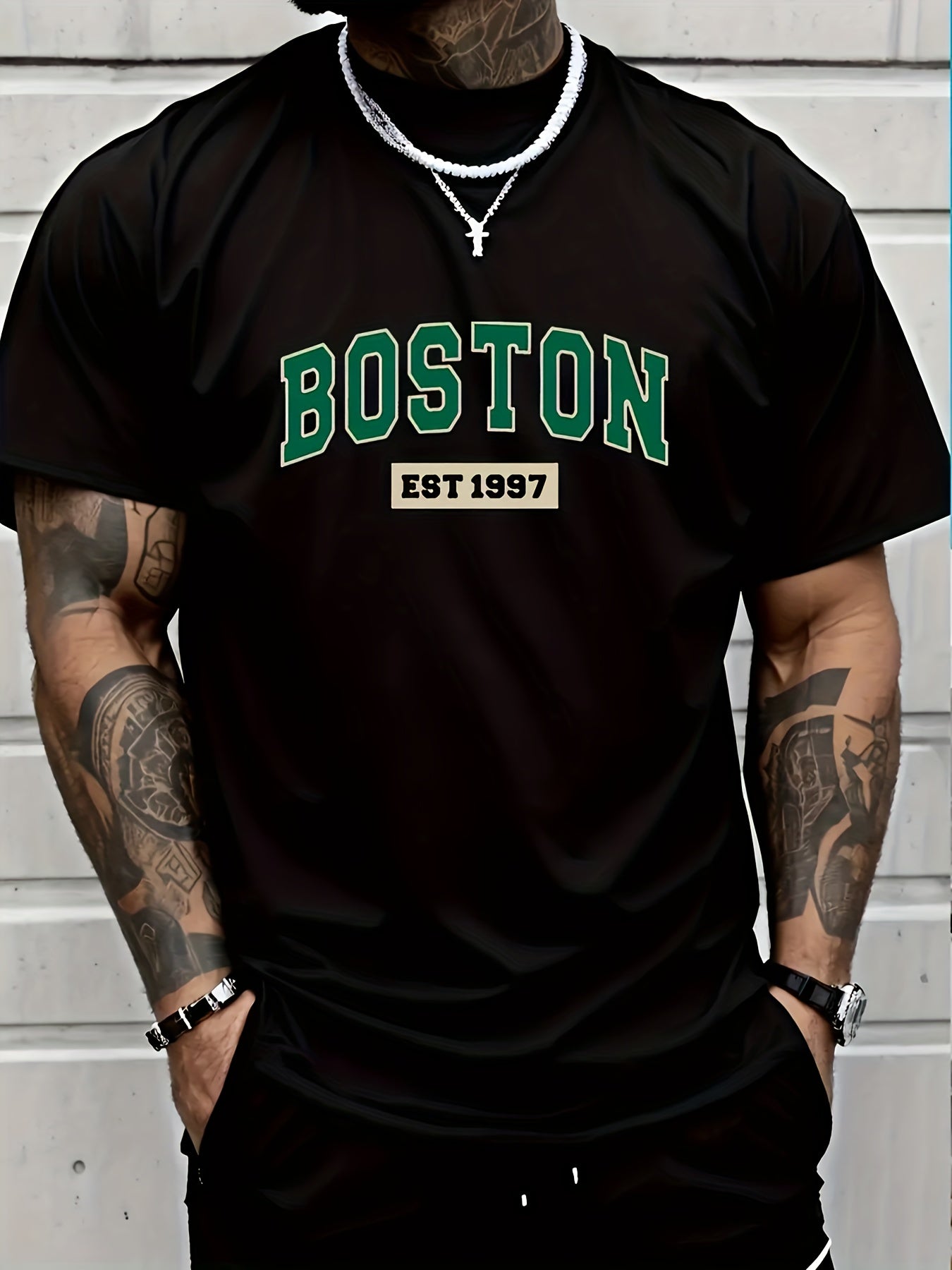 Men's T-Shirt -Boston Est. 1997 Graphic  100% Cotton, Casual Crew Neck, Short Sleeve, White with Green & Black Print, Machine Washable