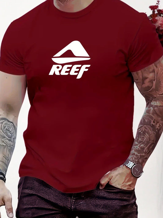 Men's Novelty T-Shirt with REEF Lettering - Casual Polyester Short Sleeve Tee, Round Neck, Summer Wear