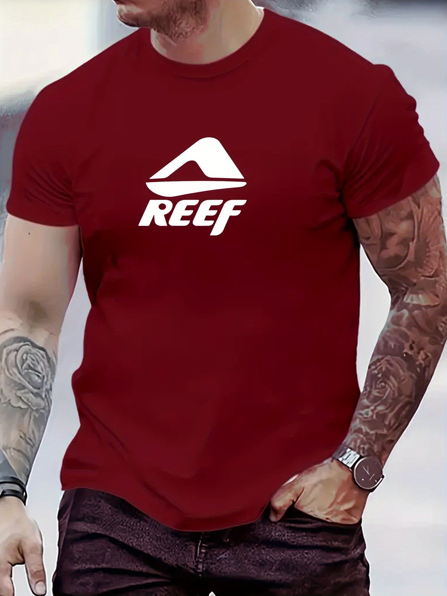 Men's Novelty T-Shirt with REEF Lettering - Casual Polyester Short Sleeve Tee, Round Neck, Summer Wear
