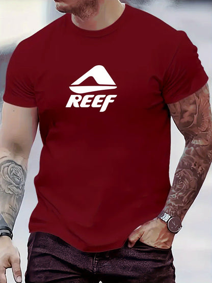 Men's Novelty T-Shirt with REEF Lettering - Casual Polyester Short Sleeve Tee, Round Neck, Summer Wear