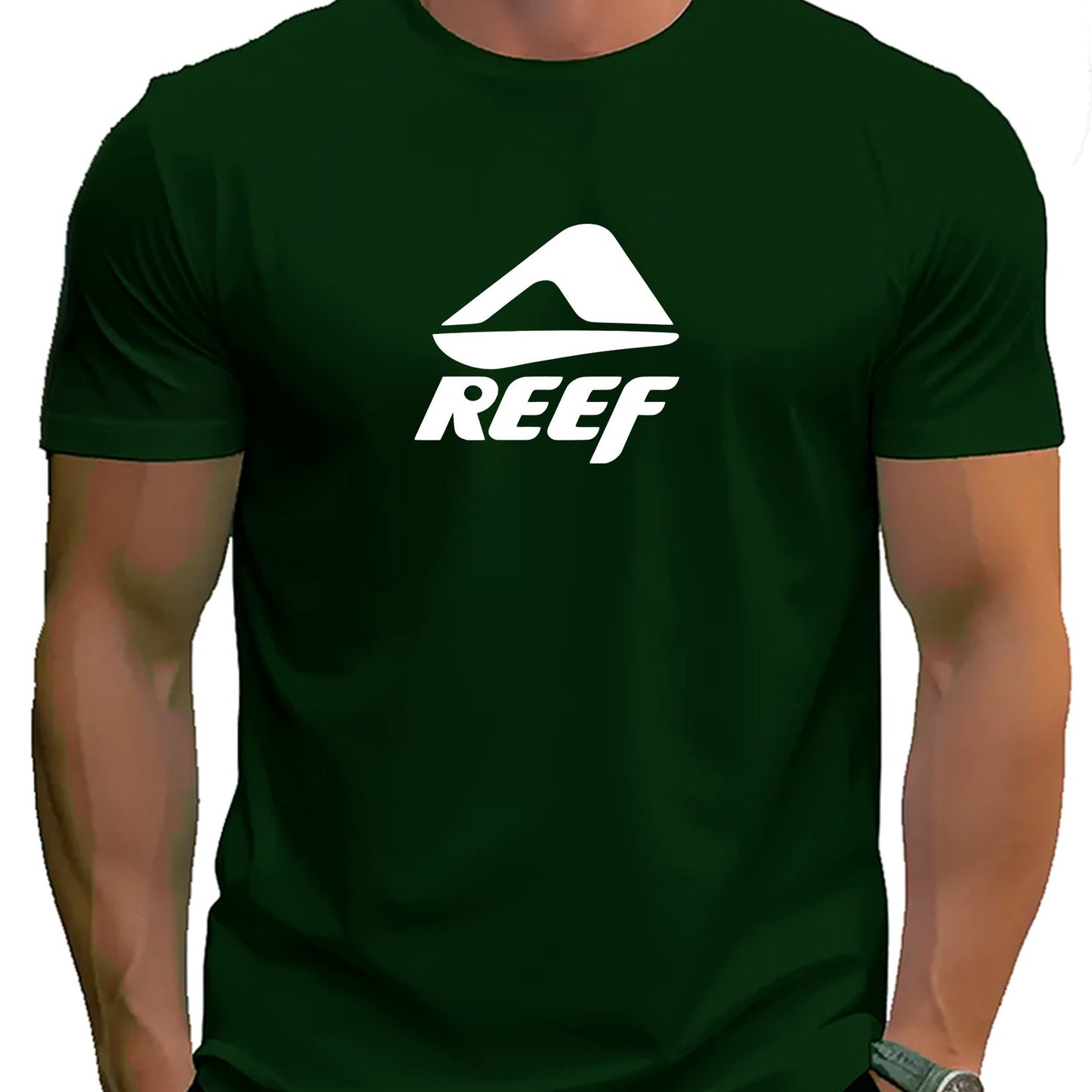 Men's Novelty T-Shirt with REEF Lettering - Casual Polyester Short Sleeve Tee, Round Neck, Summer Wear