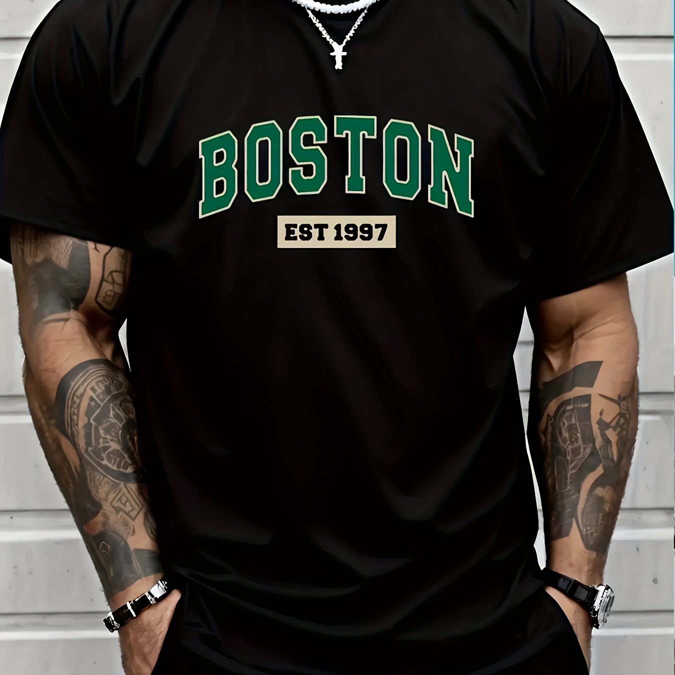 Men's T-Shirt -Boston Est. 1997 Graphic  100% Cotton, Casual Crew Neck, Short Sleeve, White with Green & Black Print, Machine Washable